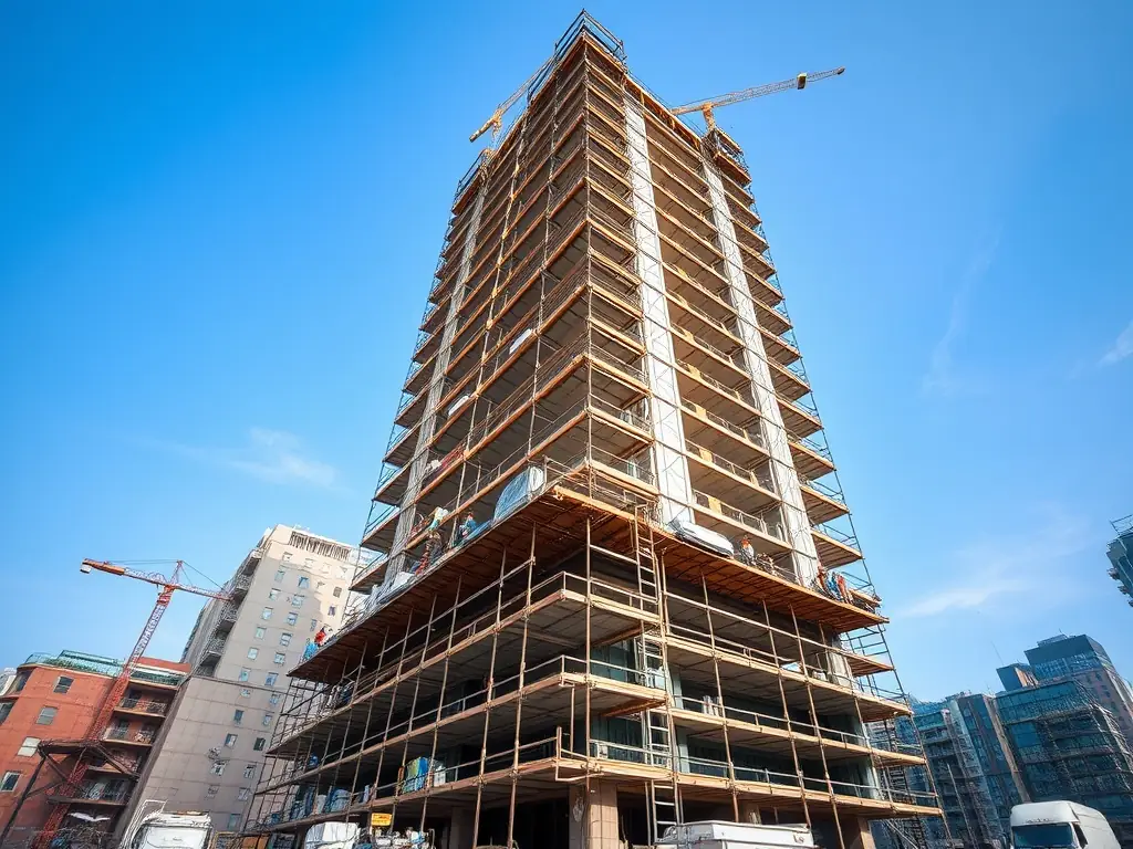 High-rise building under construction with scaffolding and workers.