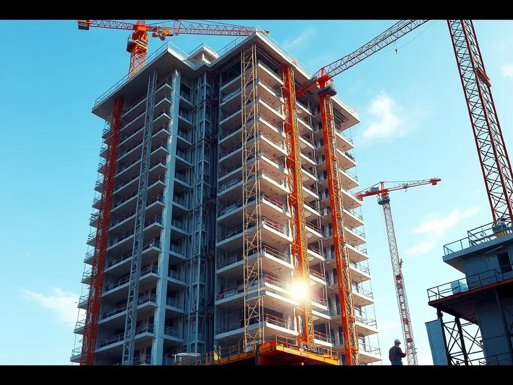 High-rise building under construction with cranes and workers.